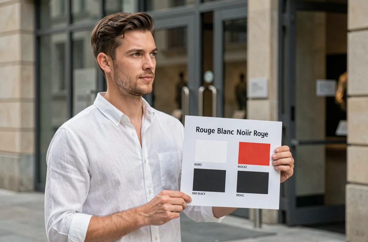 Homme tenant un panneau comparatif des drapeaux rouge blanc noir et noir blanc rouge devant un centre culturel, dans un contexte éducatif et documentaire