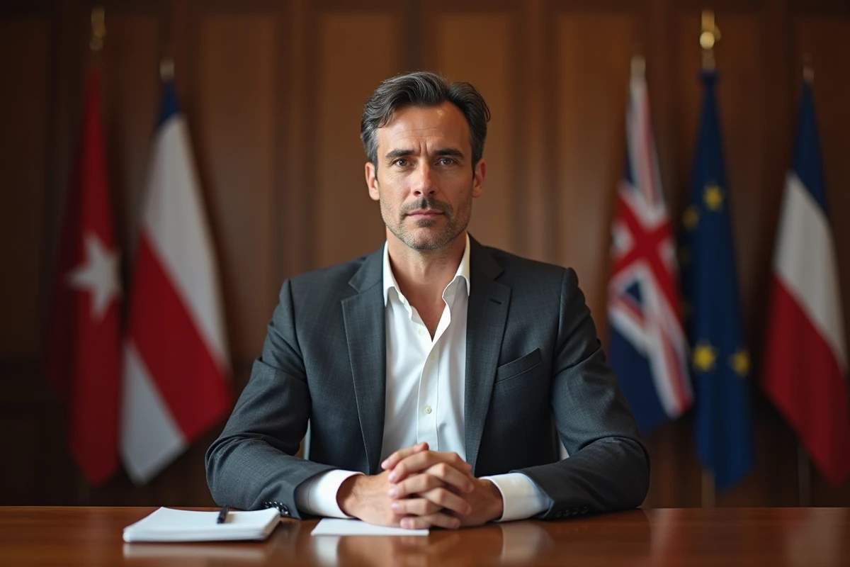 Homme politique en conférence de presse dans un cadre institutionnel, évoquant l'univers de David Kammenos