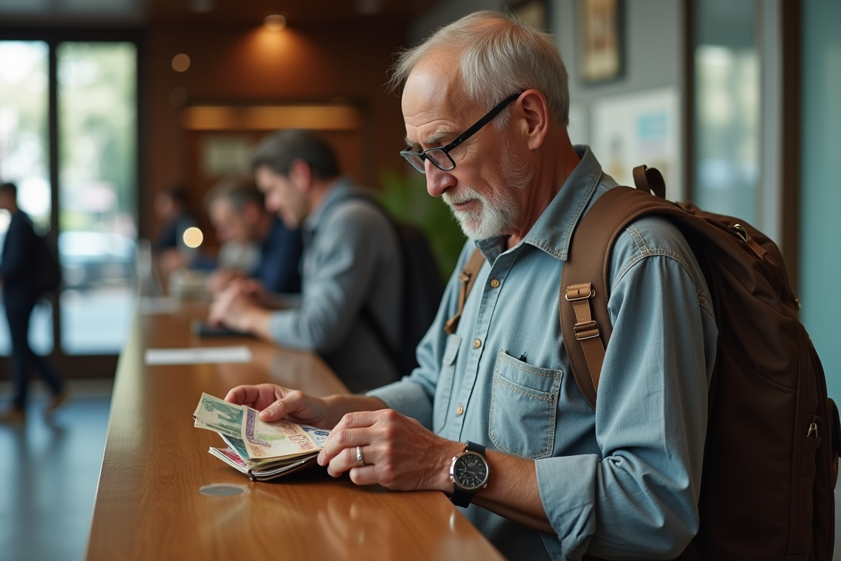 Homme âgé organisant des billets dans un hôtel