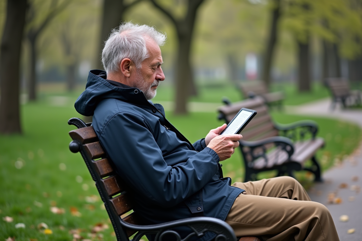 Homme lisant un e-reader dans un parc au printemps