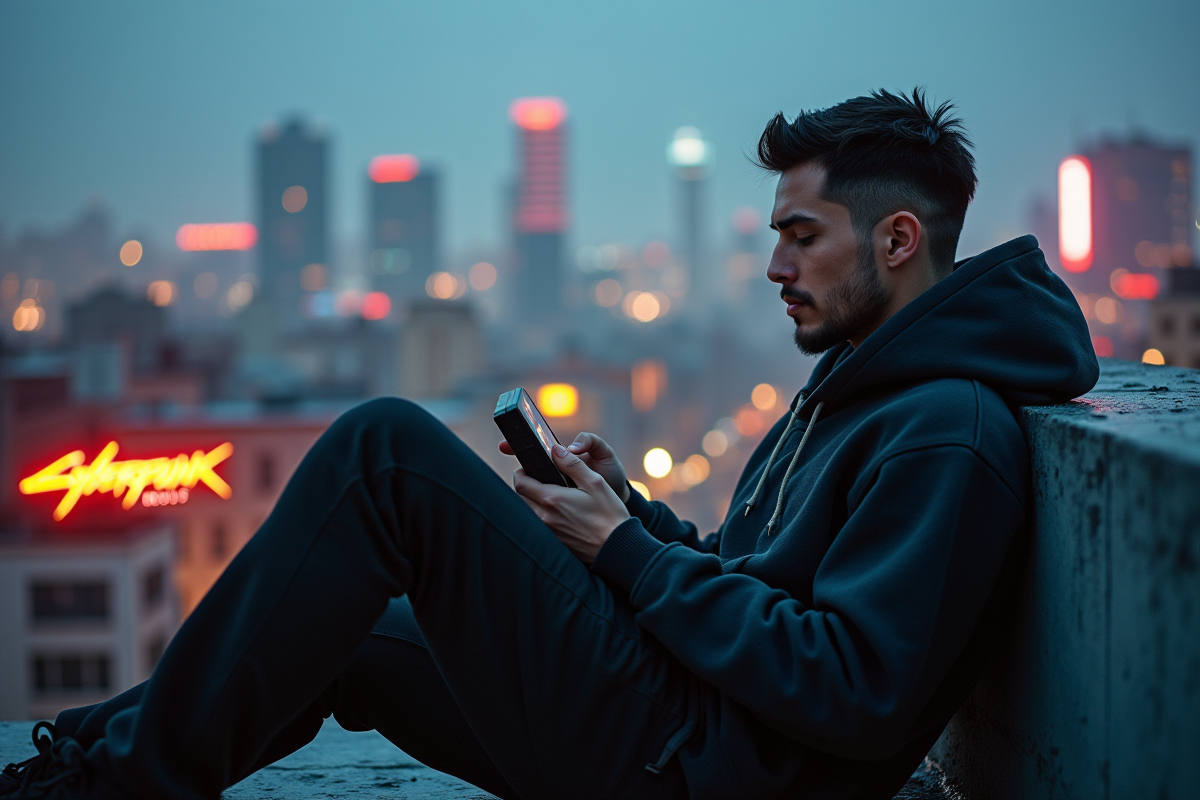 Jeune homme jouant à cyberpunk sur un rooftop urbain au crépuscule