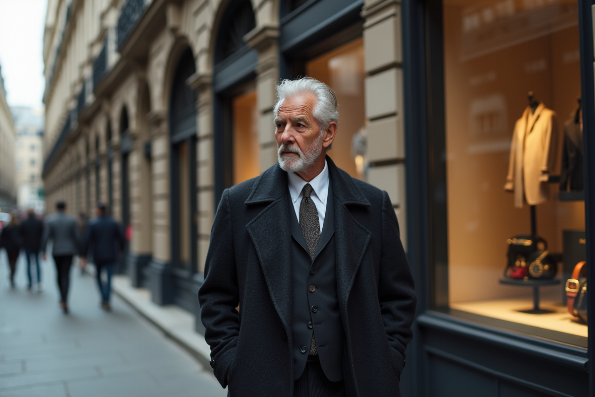 Homme en costume dans une rue urbaine avec bâtiments historiques