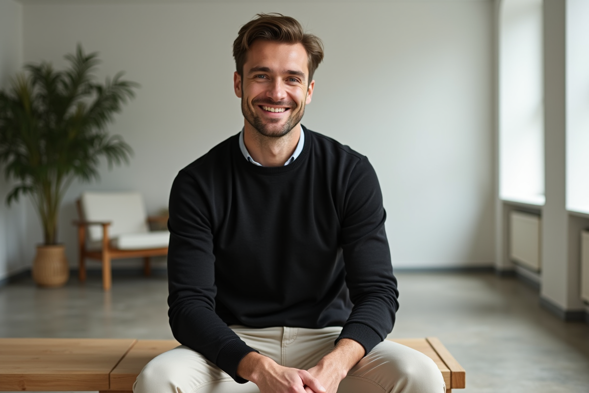 Homme en pull noir assis dans un salon lumineux