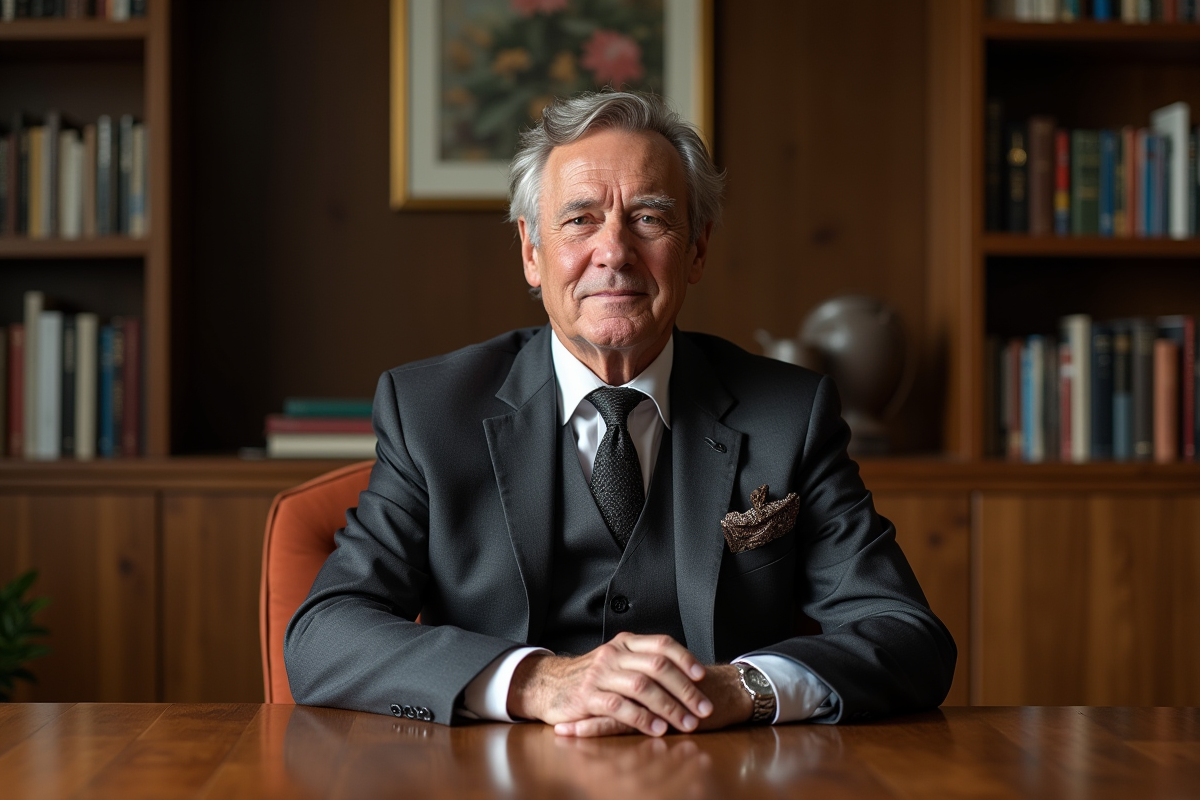 Homme en costume dans une bibliothèque sophistiquée