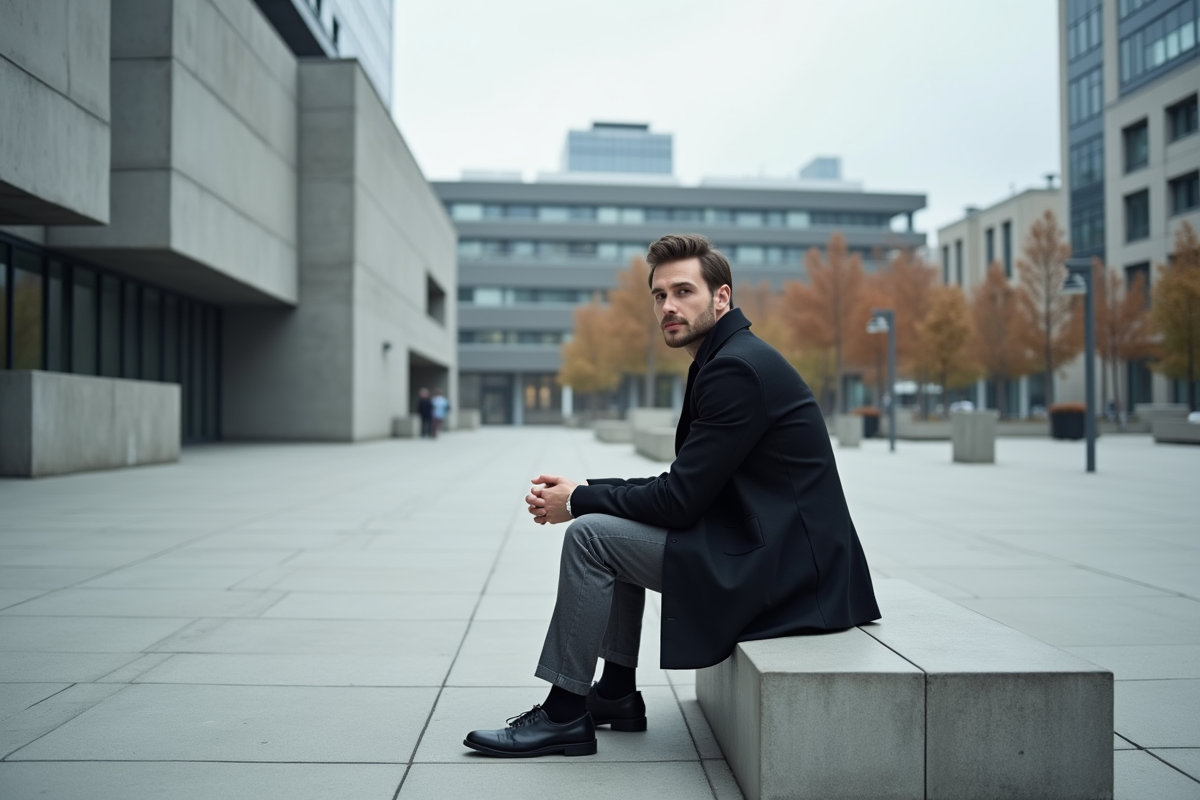 Homme en manteau noir dans une place urbaine moderne