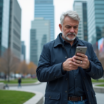 Homme d'âge moyen vérifiant son téléphone dans un parc urbain moderne