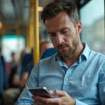 Homme pensif regardant son smartphone dans le bus