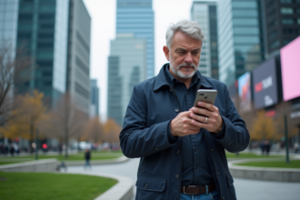 Homme d'âge moyen vérifiant son téléphone dans un parc urbain moderne