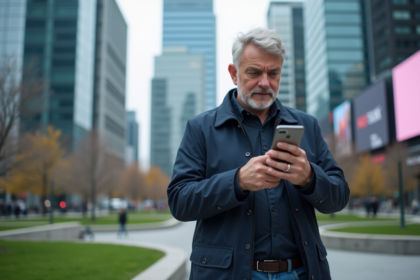 Homme d'âge moyen vérifiant son téléphone dans un parc urbain moderne