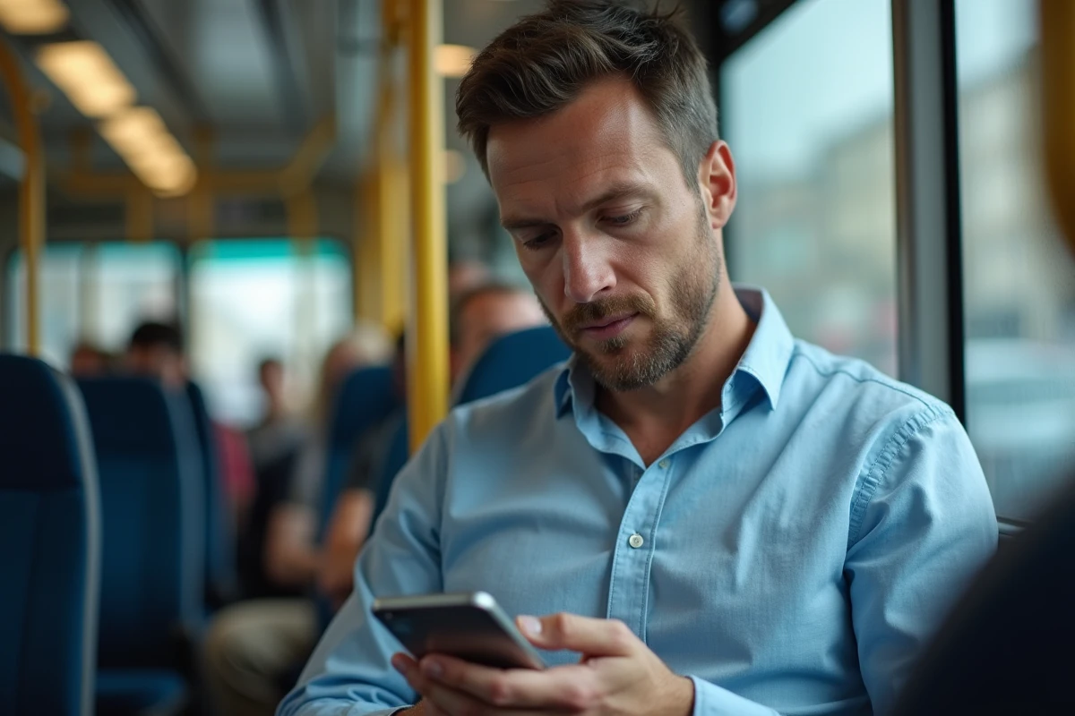 Homme pensif regardant son smartphone dans le bus