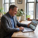 Homme souriant en smart casual devant un laptop dans un appartement lumineux