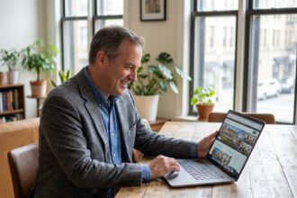 Homme souriant en smart casual devant un laptop dans un appartement lumineux