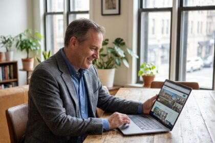 Homme souriant en smart casual devant un laptop dans un appartement lumineux