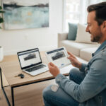 Homme souriant utilisant une tablette dans un salon moderne