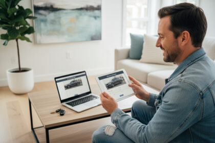 Homme souriant utilisant une tablette dans un salon moderne