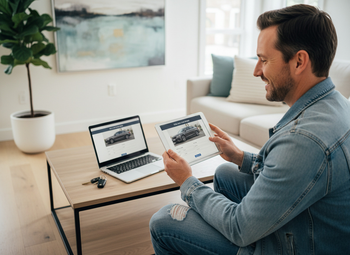 Homme souriant utilisant une tablette dans un salon moderne