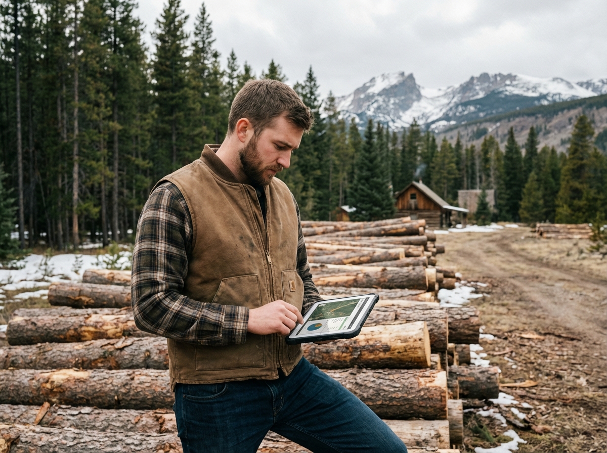 Homme utilisant une tablette près de bois coupés