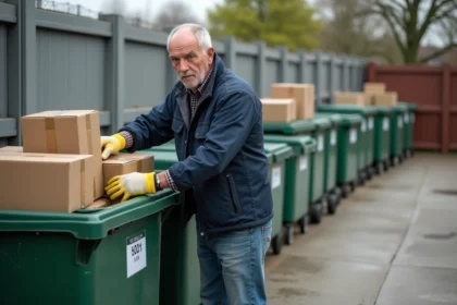 Homme d'âge moyen triant des cartons en extérieur