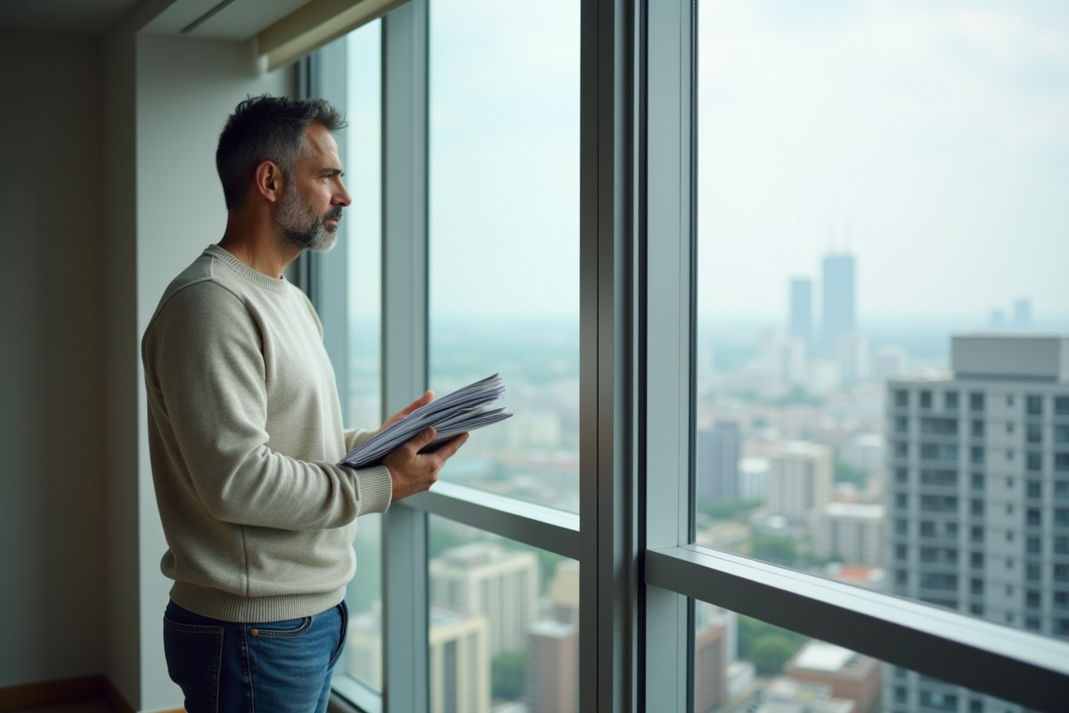 Homme regardant la ville depuis une fenêtre d