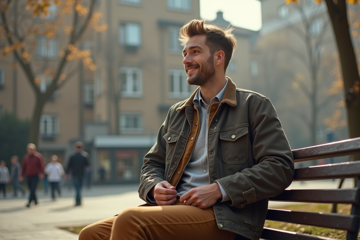 Homme en veste vintage assis sur un banc de parc