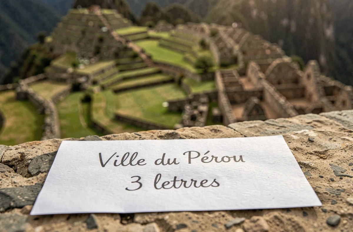 Carton d'indice de mots fléchés inscrit 'Ville du Pérou 3 lettres' posé sur un rebord en pierre face aux terrasses andines péruviennes