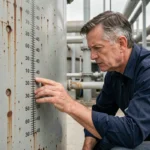 Ingénieur lisant une échelle de mesure en litres et m3 sur un réservoir industriel