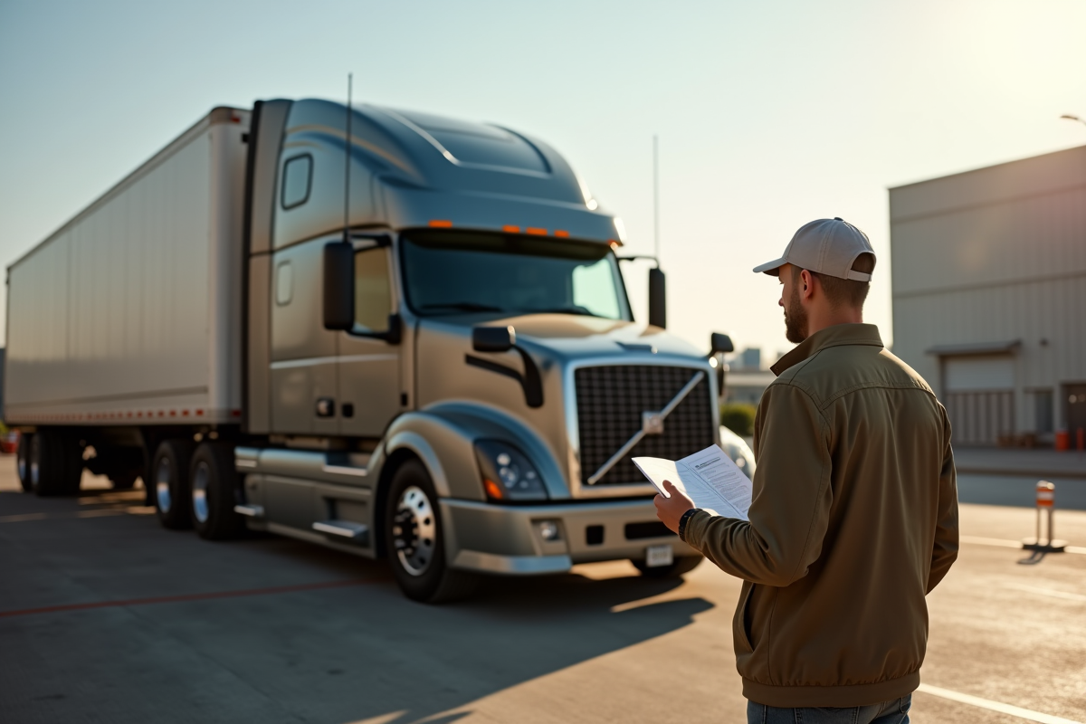 Conducteur inspectant un camion d occasion dans une cour industrielle