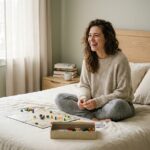 Jeune femme jouant à un jeu de société sur son lit pendant la journée dans une chambre moderne et cosy