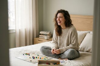 Jeune femme jouant à un jeu de société sur son lit pendant la journée dans une chambre moderne et cosy