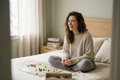 Jeune femme jouant à un jeu de société sur son lit pendant la journée dans une chambre moderne et cosy