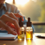 Main d'un jeune adulte tenant deux bouteilles de vape avec différents niveaux de nicotine