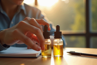 Main d'un jeune adulte tenant deux bouteilles de vape avec différents niveaux de nicotine