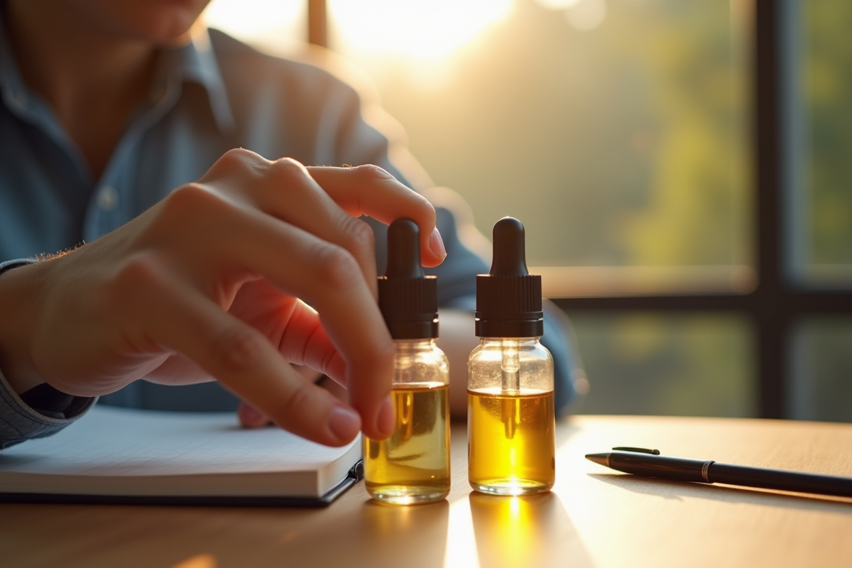 Main d'un jeune adulte tenant deux bouteilles de vape avec différents niveaux de nicotine
