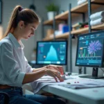 Jeune ingénieure examinant un textile innovant avec capteurs intégrés