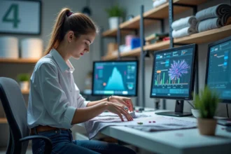 Jeune ingénieure examinant un textile innovant avec capteurs intégrés