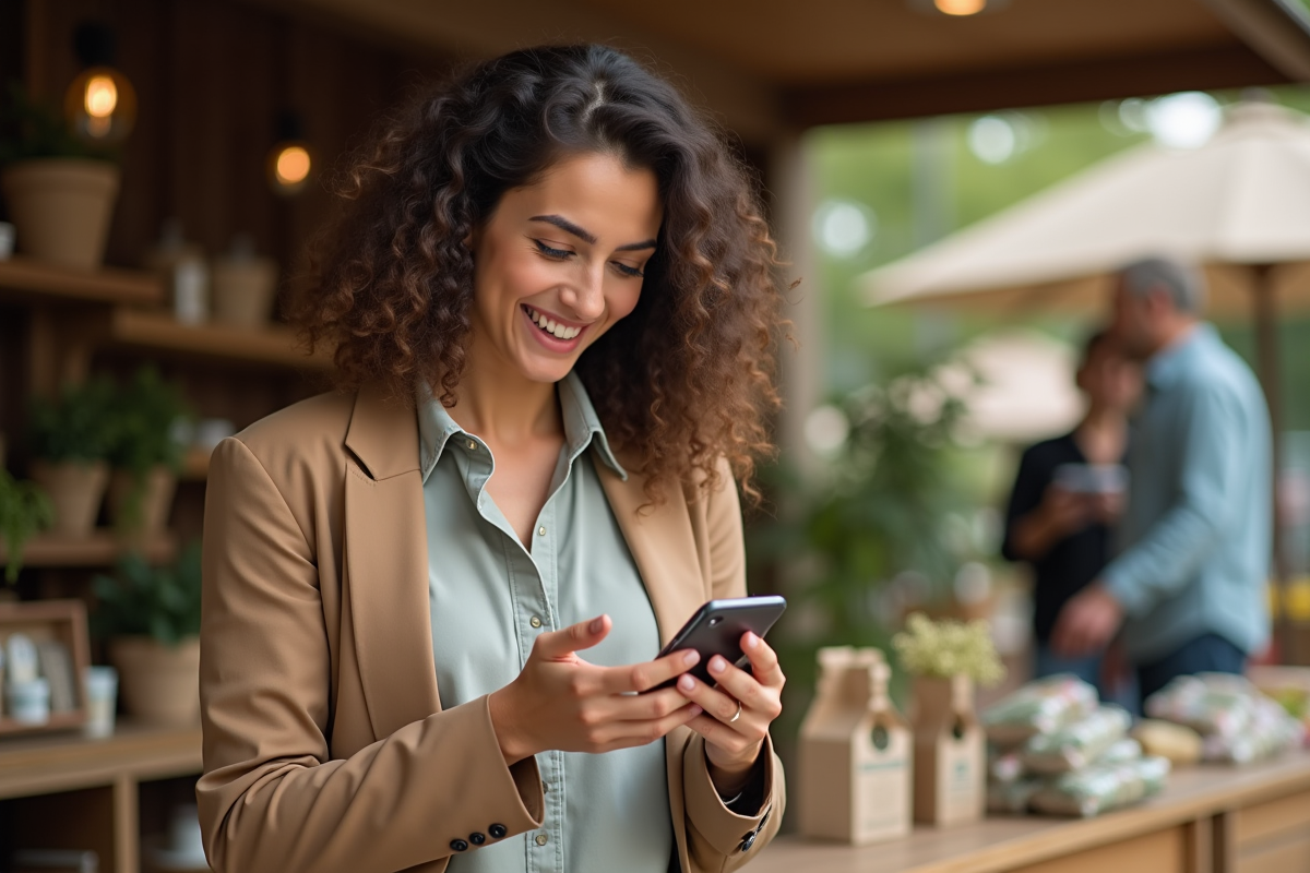 Jeune entrepreneure scannant un QR code sur un emballage écologique