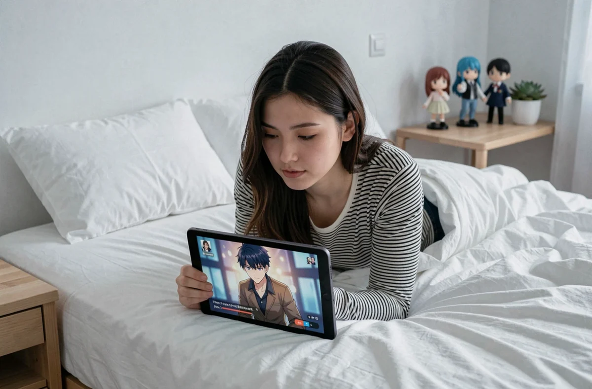 Jeune femme allongée sur son lit regardant un anime sur tablette avec un regard contemplatif, figurines en arrière-plan