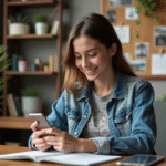 Jeune femme souriante dans un bureau cosy avec smartphone