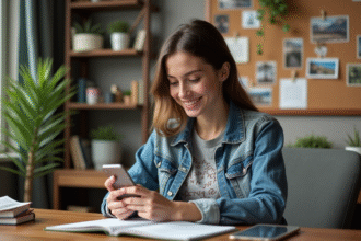 Jeune femme souriante dans un bureau cosy avec smartphone