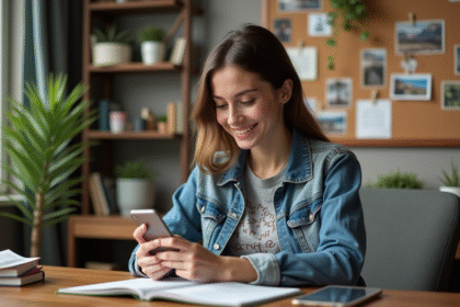 Jeune femme souriante dans un bureau cosy avec smartphone