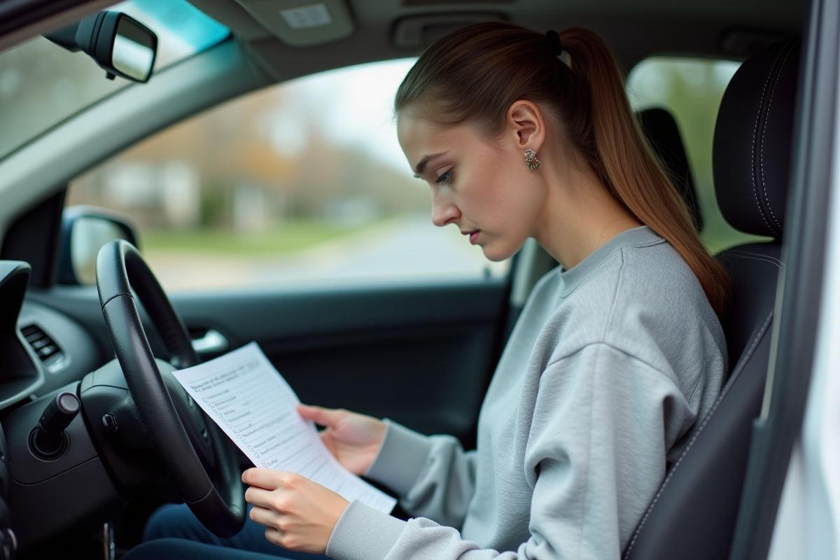 Jeune femme regardant une checklist de maintenance dans la voiture