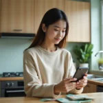 Jeune femme examinant des billets de won sud-coréens dans la cuisine