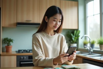 Jeune femme examinant des billets de won sud-coréens dans la cuisine