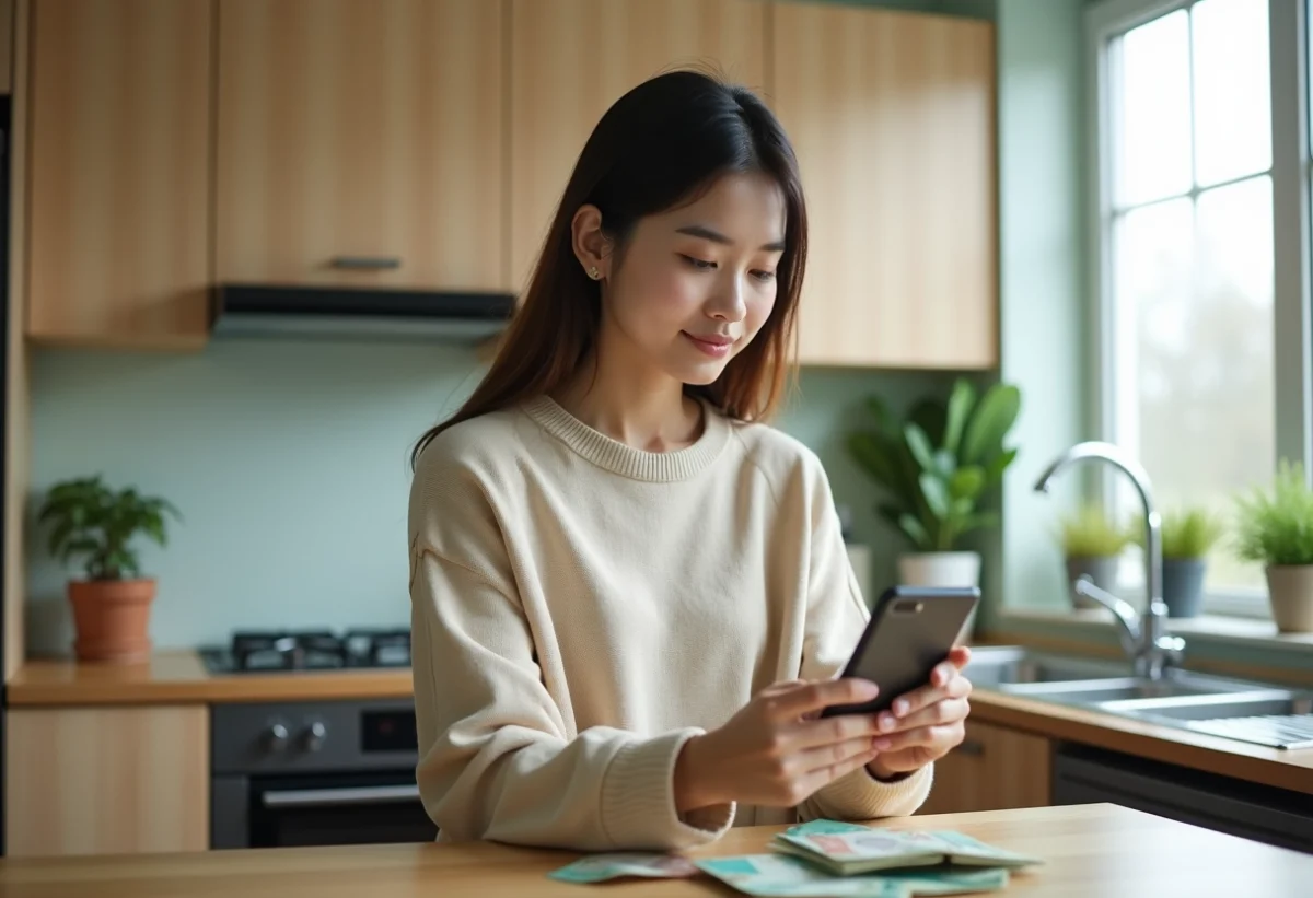 Jeune femme examinant des billets de won sud-coréens dans la cuisine