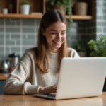 Jeune femme souriante lisant un article sur son ordinateur dans une cuisine moderne
