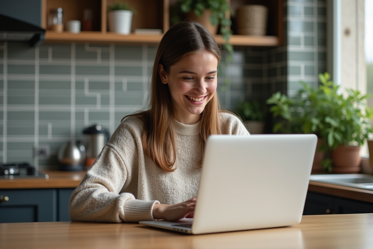 Jeune femme souriante lisant un article sur son ordinateur dans une cuisine moderne