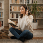 Jeune femme en lecture dans un coin cosy avec livres