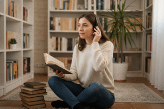 Jeune femme en lecture dans un coin cosy avec livres