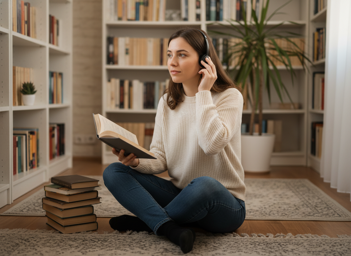 Jeune femme en lecture dans un coin cosy avec livres