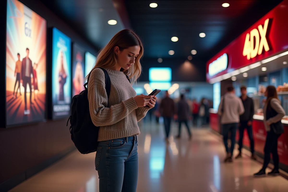 Jeune femme dans le lobby de cinéma avec poster 4DX